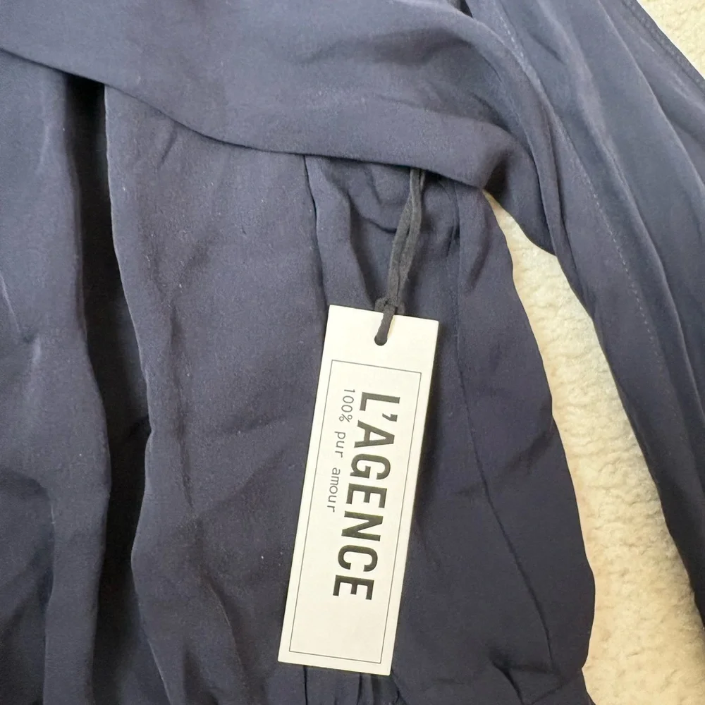 L’AGENCE 100% silk navy blue sleeveless midi dress with front sash, sz 6 - Picture 3 of 7